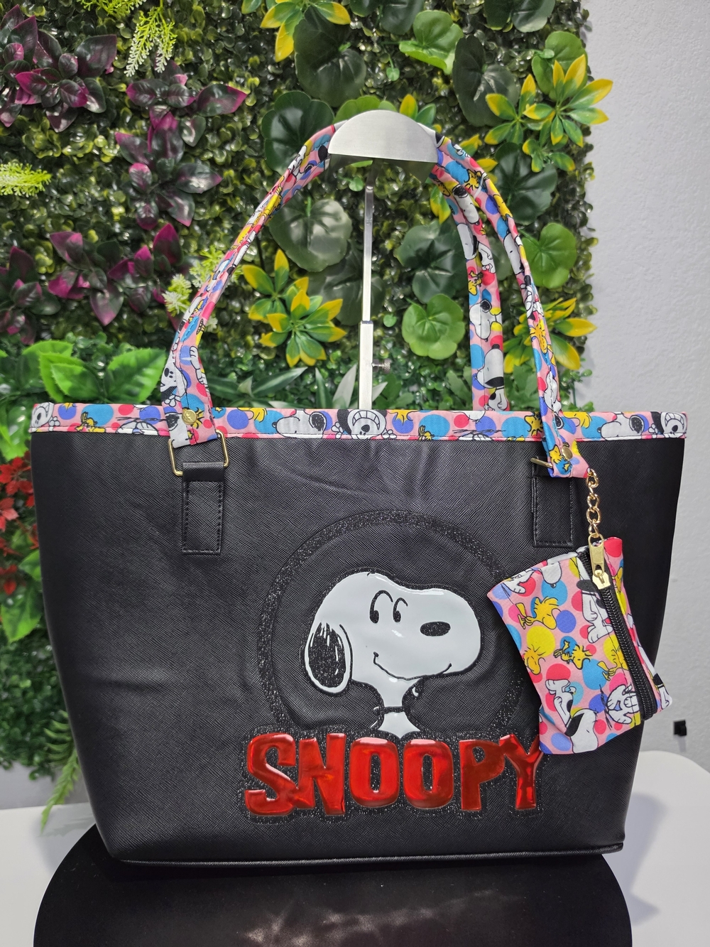 Black Snoopy Tote with Colorful Trim and Matching Pouch